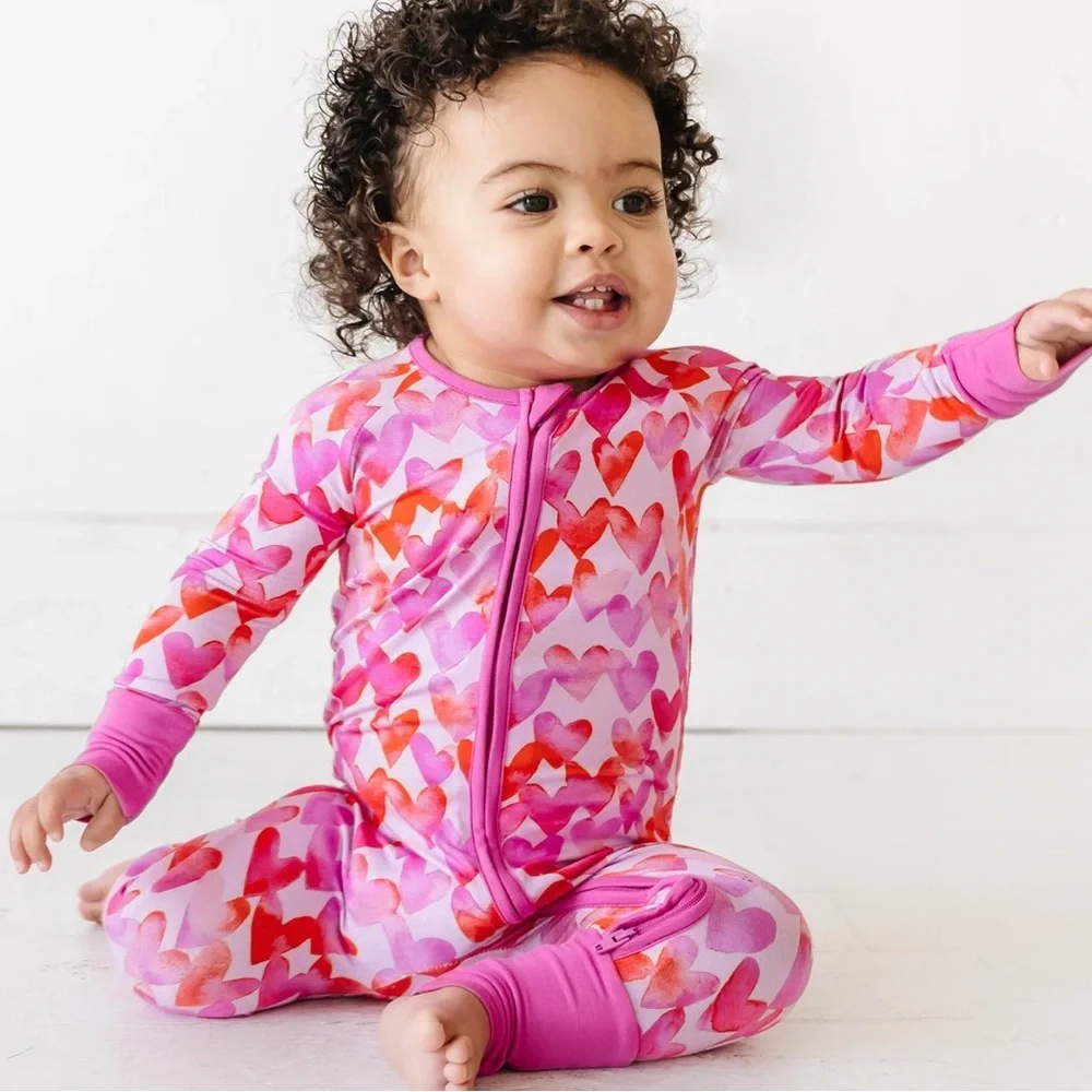 Little Sleepies Pink Watercolor Hearts Bamboo Zippy with Convertible Cuffs - Picture 2 of 8